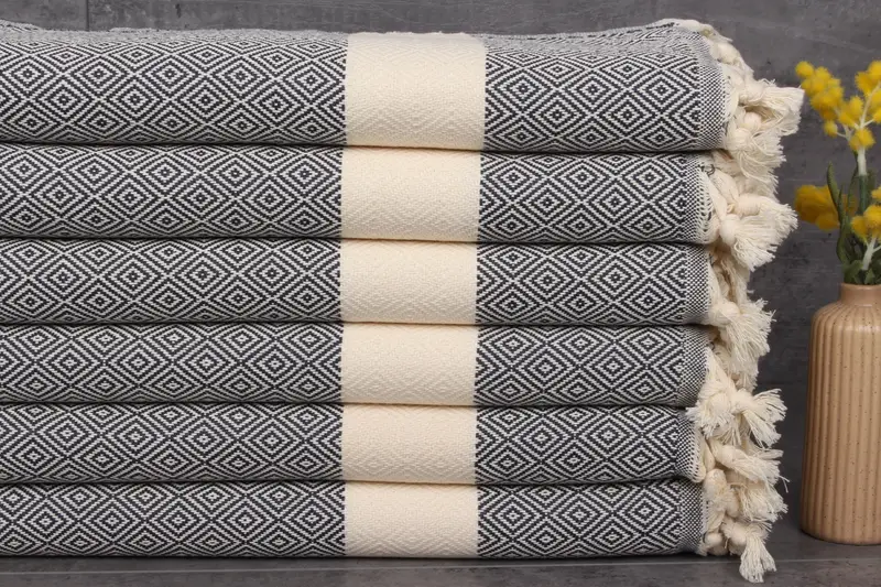 Embroidered Dish Towel Dark Navy Blue Diamond, 20x36 Inches Turkish Organic