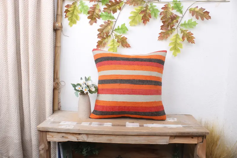Boho Chic Cushion Cover, Ethnical Kilim Rug Pillow, Pillow Case, 16x16 Orange Pillow, Handmade Kilim Cushion, Antique Pillows, Tapestry Pillow - 1