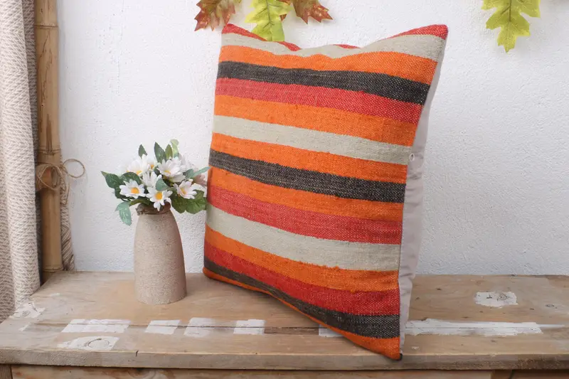 Boho Chic Cushion Cover, Ethnical Kilim Rug Pillow, Pillow Case, 16x16 Orange Pillow, Handmade Kilim Cushion, Antique Pillows, Tapestry Pillow - 4