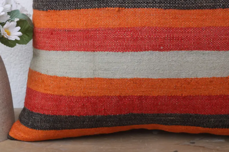 Boho Chic Cushion Cover, Ethnical Kilim Rug Pillow, Pillow Case, 16x16 Orange Pillow, Handmade Kilim Cushion, Antique Pillows, Tapestry Pillow - 3