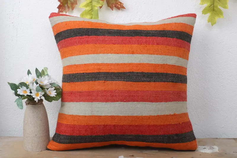 Boho Chic Cushion Cover, Ethnical Kilim Rug Pillow, Pillow Case, 16x16 Orange Pillow, Handmade Kilim Cushion, Antique Pillows, Tapestry Pillow - 2