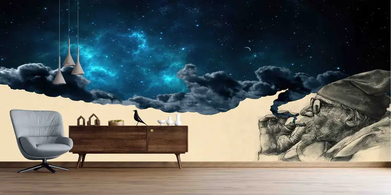 現代的なプリント壁紙: 星空の喫煙老人