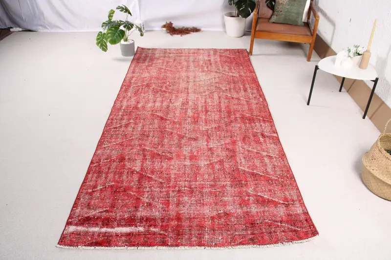 Alfombra turca vintage de 4,2x8,6 pies, alfombra de lana roja Oushak - 1