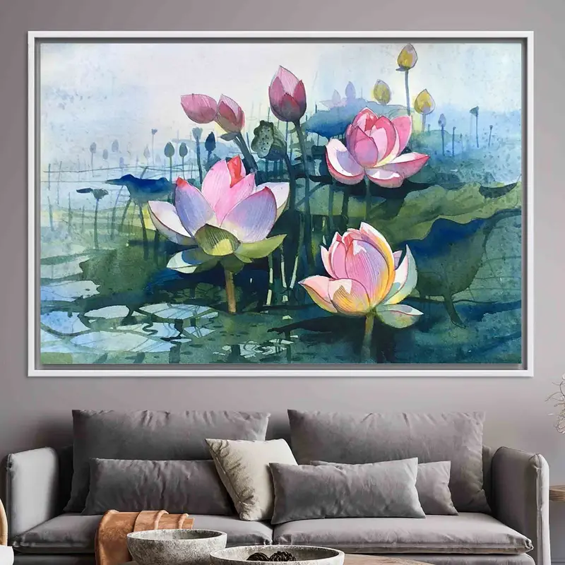 モダンな抽象ロータス キャンバス: ピンクの花の水彩アート プリント