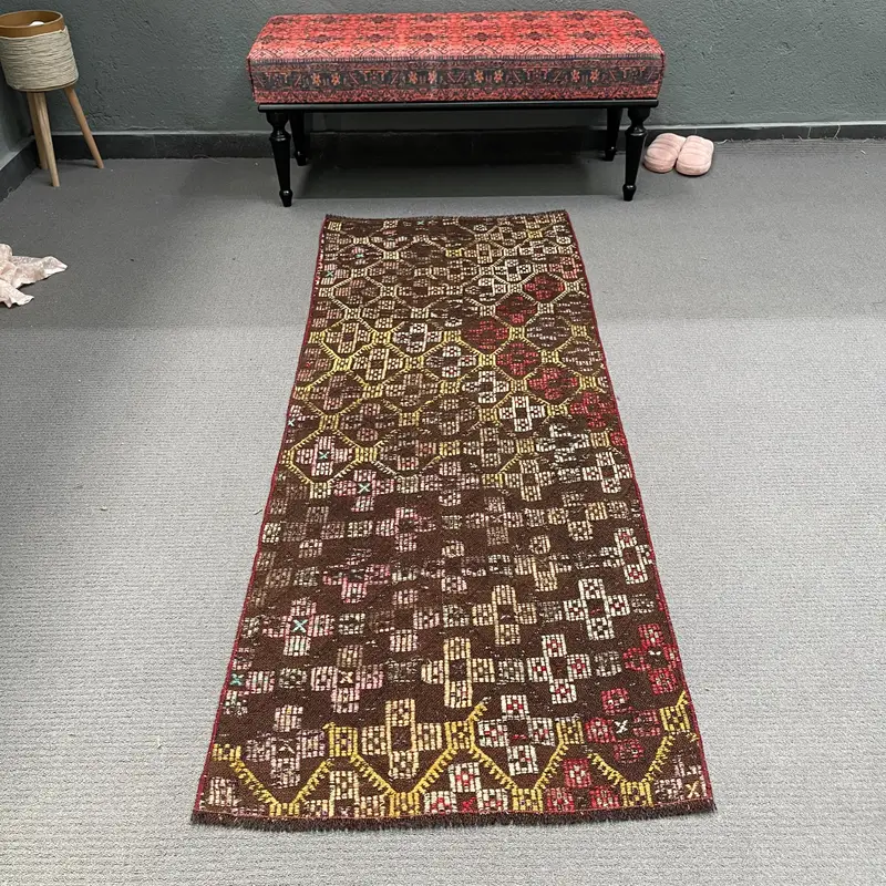 2,3x6,5 ft Teppich, türkischer Vintage Teppich, Kelim brauner Tarnteppich - 1