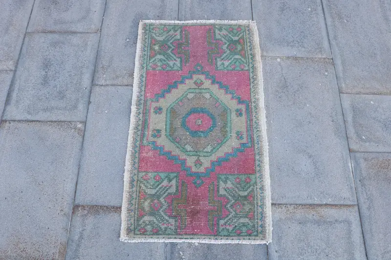 Turkish Rug, 1.5x2.8 ft Vintage Rug, Red Blue Floral Wool Rug - 1