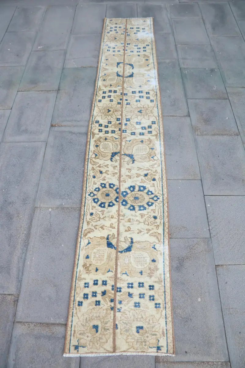 Zarif Bej ve Mavi Halı, 1,5x8,7 ft Soyut Tasarım