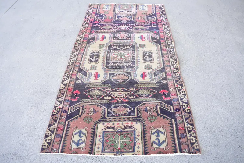 Vintage Turkish Oushak Rug 3.2x6.4 ft (96x196 cm), Beige Moroccan Wool Rug - 1