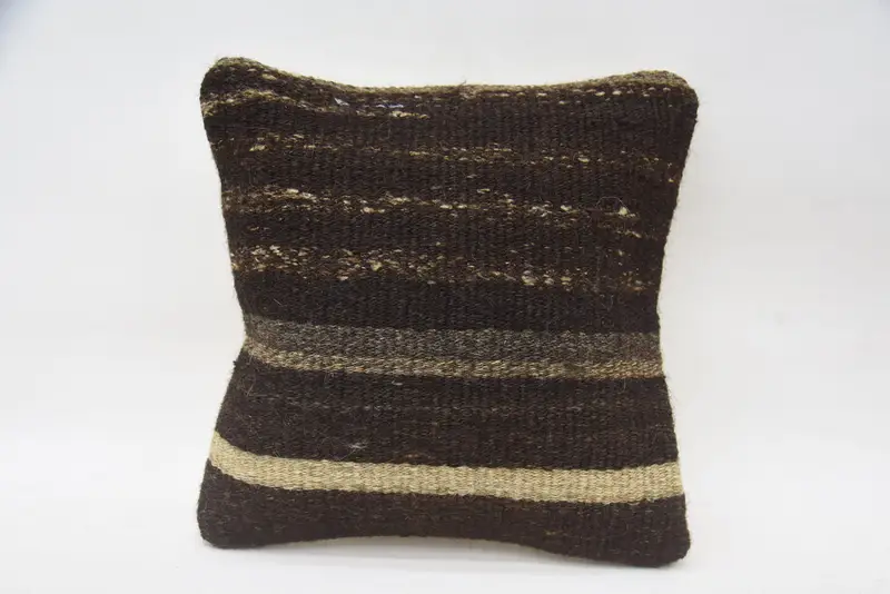 Çizgili Kahverengi Vintage Minder Kılıfı, Hediye 5x5 inç Yün Euro Sham - 1