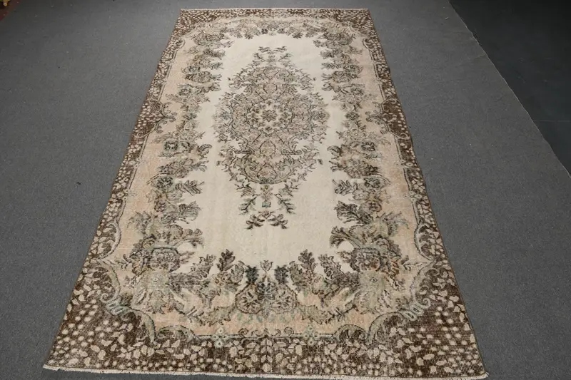 Vintage 5.3x10.2 ft Rug, Large Turkish Rug, Brown Gray Solid Wool Rug - 1