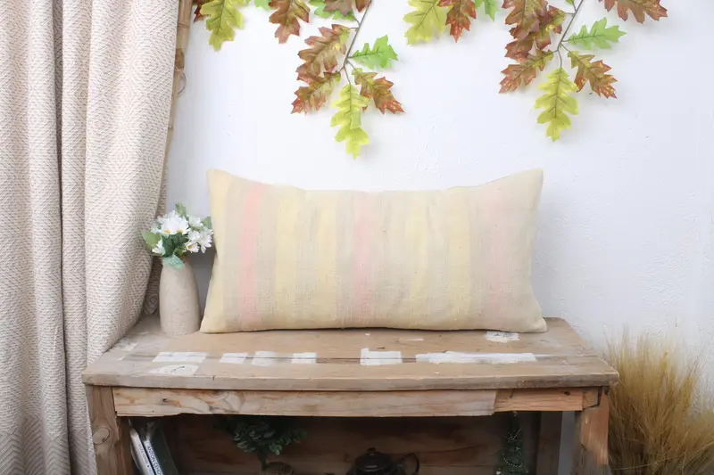 Retro Pillow, Ethnical Kilim Rug Pillow, Boho Pillow Sham Cover, Garden Cushion Case, Turkish Pillow, Pillow Sham, 12x24 Beige Cushion - 1