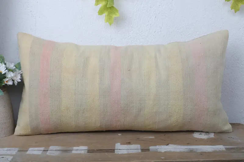 Retro Pillow, Ethnical Kilim Rug Pillow, Boho Pillow Sham Cover, Garden Cushion Case, Turkish Pillow, Pillow Sham, 12x24 Beige Cushion - 2