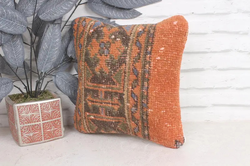 Kilim Pillow, 12x12 Orange Pillow Sham, Ethnical Kilim Rug Pillow, Handmade Pillow Cover, Turkish Pillow, Cushion Case, Office Chair Pillow - 3
