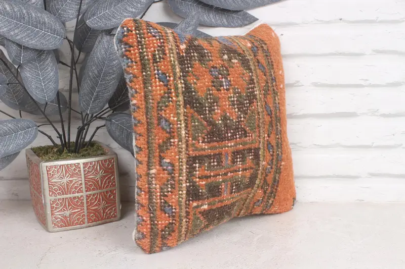 Kilim Pillow, 12x12 Orange Pillow Sham, Ethnical Kilim Rug Pillow, Handmade Pillow Cover, Turkish Pillow, Cushion Case, Office Chair Pillow - 4