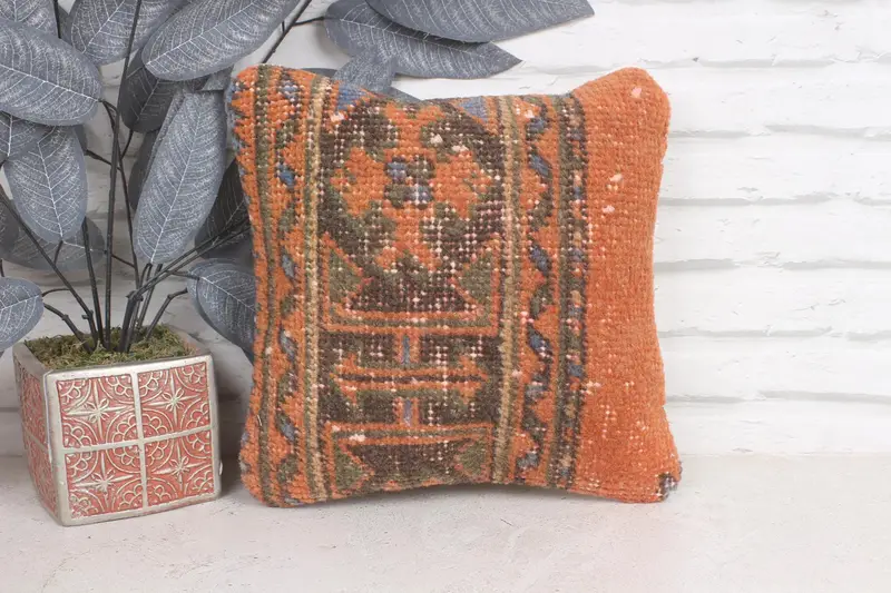 Kilim Pillow, 12x12 Orange Pillow Sham, Ethnical Kilim Rug Pillow, Handmade Pillow Cover, Turkish Pillow, Cushion Case, Office Chair Pillow - 1
