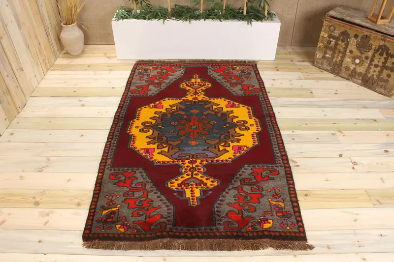 Handmade Purple Rug with Yellow Stripes, 0.3x6.4 ft