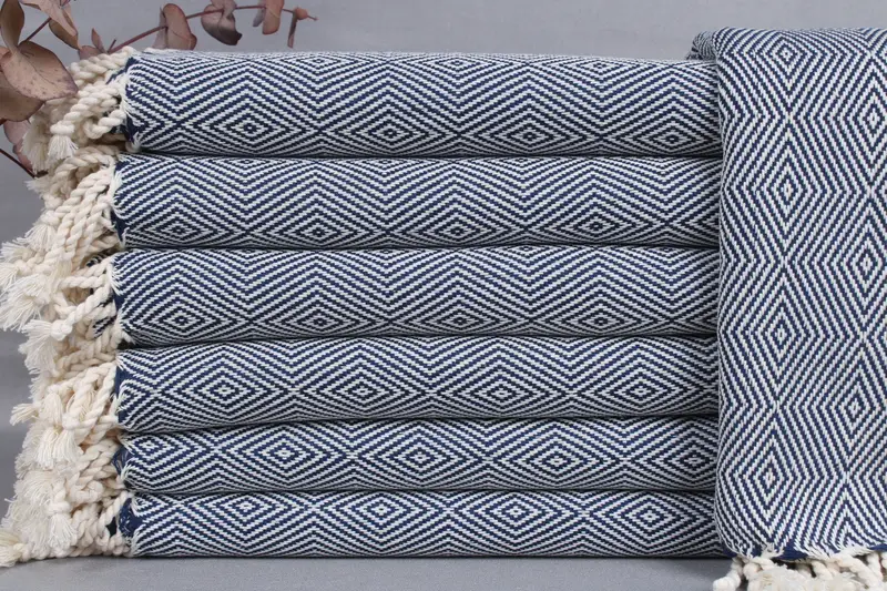 Organic Turkish Beach Towel, Navy Diamond Peshtemal, 40x74 Inches