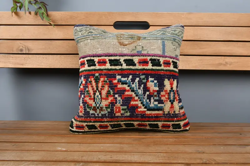 Interior Designer Pillow, Kilim Pillow Cover, Pillow Sham, Handmade Kilim Cushion, Office Chair Cushion Case, 16x16 Blue Pillow Cover - 6