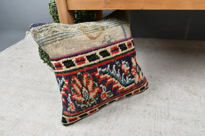 Interior Designer Pillow, Kilim Pillow Cover, Pillow Sham, Handmade Kilim Cushion, Office Chair Cushion Case, 16x16 Blue Pillow Cover - 7