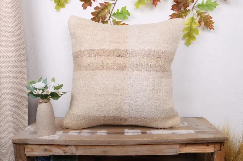 Beige & Brown Striped Throw Pillow, 20x20 Embroidered Cushion