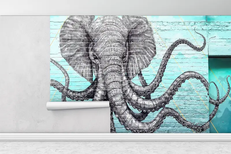 Custom Wall Paper,Wall Paper Peel and Stick,Modern Wall Painting,Paper Wall Art ,Octopus And Elephant Wall Decor, - 1
