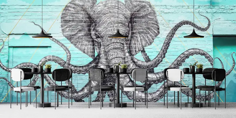 Custom Wall Paper,Wall Paper Peel and Stick,Modern Wall Painting,Paper Wall Art ,Octopus And Elephant Wall Decor, - 2