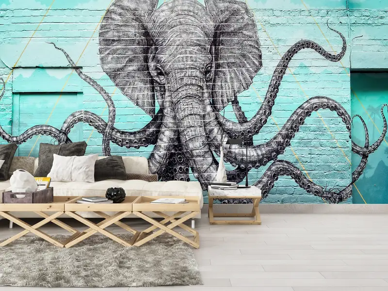 Custom Wall Paper,Wall Paper Peel and Stick,Modern Wall Painting,Paper Wall Art ,Octopus And Elephant Wall Decor, - 4