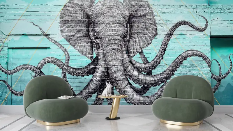 Custom Wall Paper,Wall Paper Peel and Stick,Modern Wall Painting,Paper Wall Art ,Octopus And Elephant Wall Decor, - 7