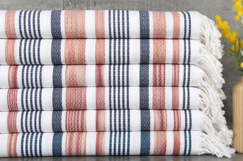 Turkish Towel Navy and Brick Striped Peshtemal, 38x71 Inches