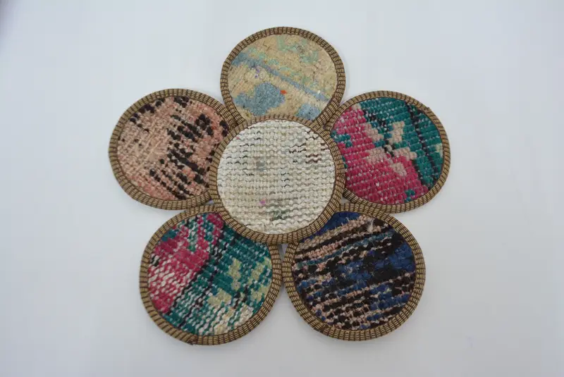 Bohemian Round Coaster, Blue and Pink Non-Slip Drink Coaster