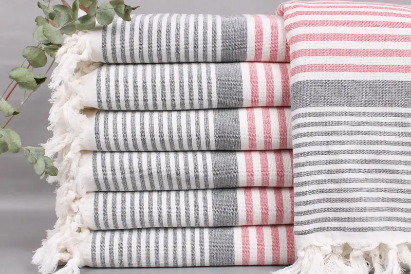 Organic Beach Towel Red Stripes, 38x67 Inches, Turkish Cotton, Handwoven