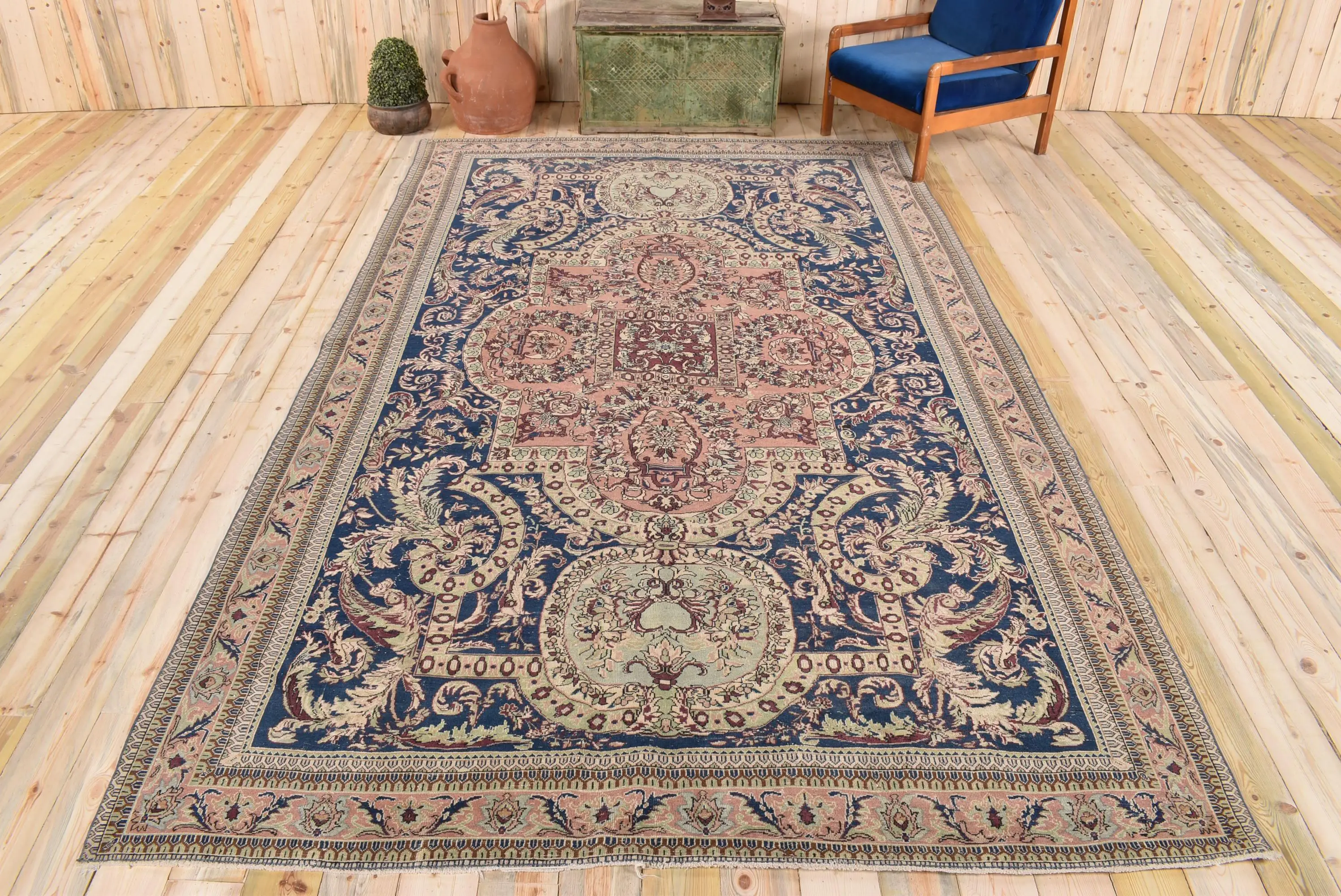 Vintage 7.3x11.8 ft Rug, Turkish Oversize Rug, Blue Check Rug - 1