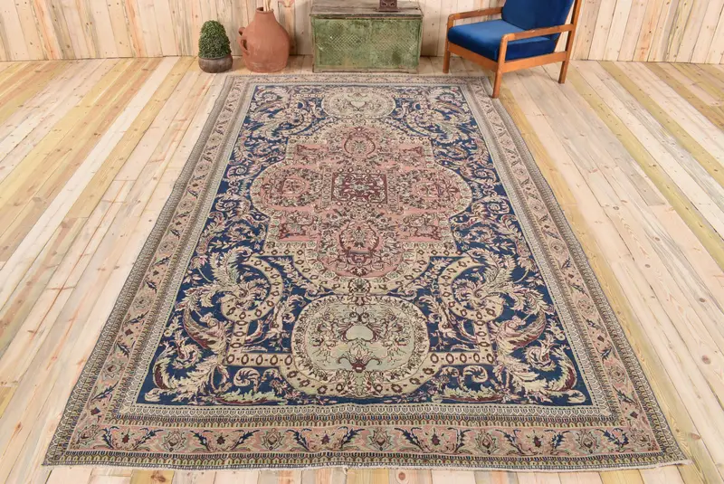 7,3x11,8 ft Mavi Kareli Halı, Zarif Mavi ve Kırmızı Tasarım