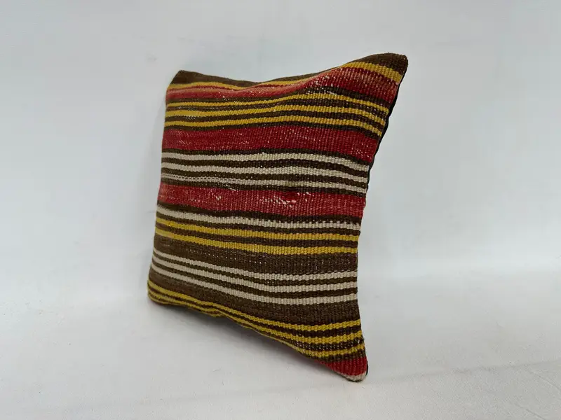 Red & Yellow Striped Throw Pillow, 12x12 Inch Embroidered Cushion - 4