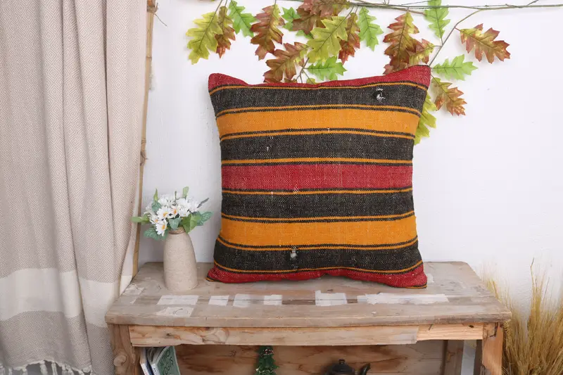 Turkish Kilim Pillow, Cushion, 20x20 Yellow Cushion Cover, Accent Throw Pillow, Indoor Cushion Case, Throw Kilim Pillow, Vintage Pillow - 1