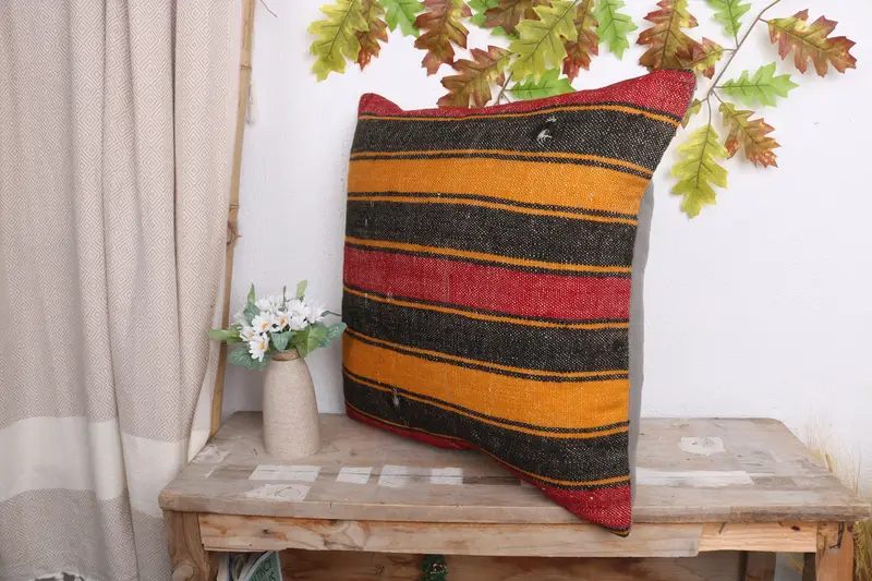 Turkish Kilim Pillow, Cushion, 20x20 Yellow Cushion Cover, Accent Throw Pillow, Indoor Cushion Case, Throw Kilim Pillow, Vintage Pillow - 4
