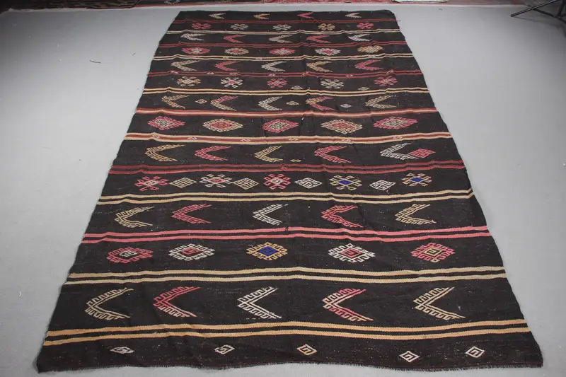 Türkischer Vintage-Übergröße-Teppich 7,3 x 12,5 Fuß, schwarz-roter Patchwork-Wollteppich - 1