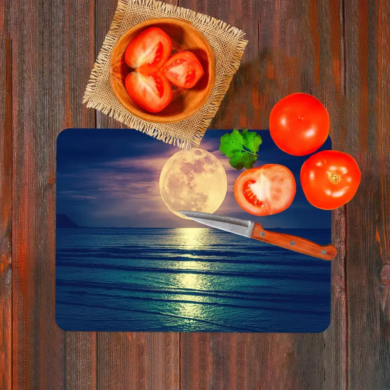 Seascape Glass Cutting Board with Contemporary Moon Design