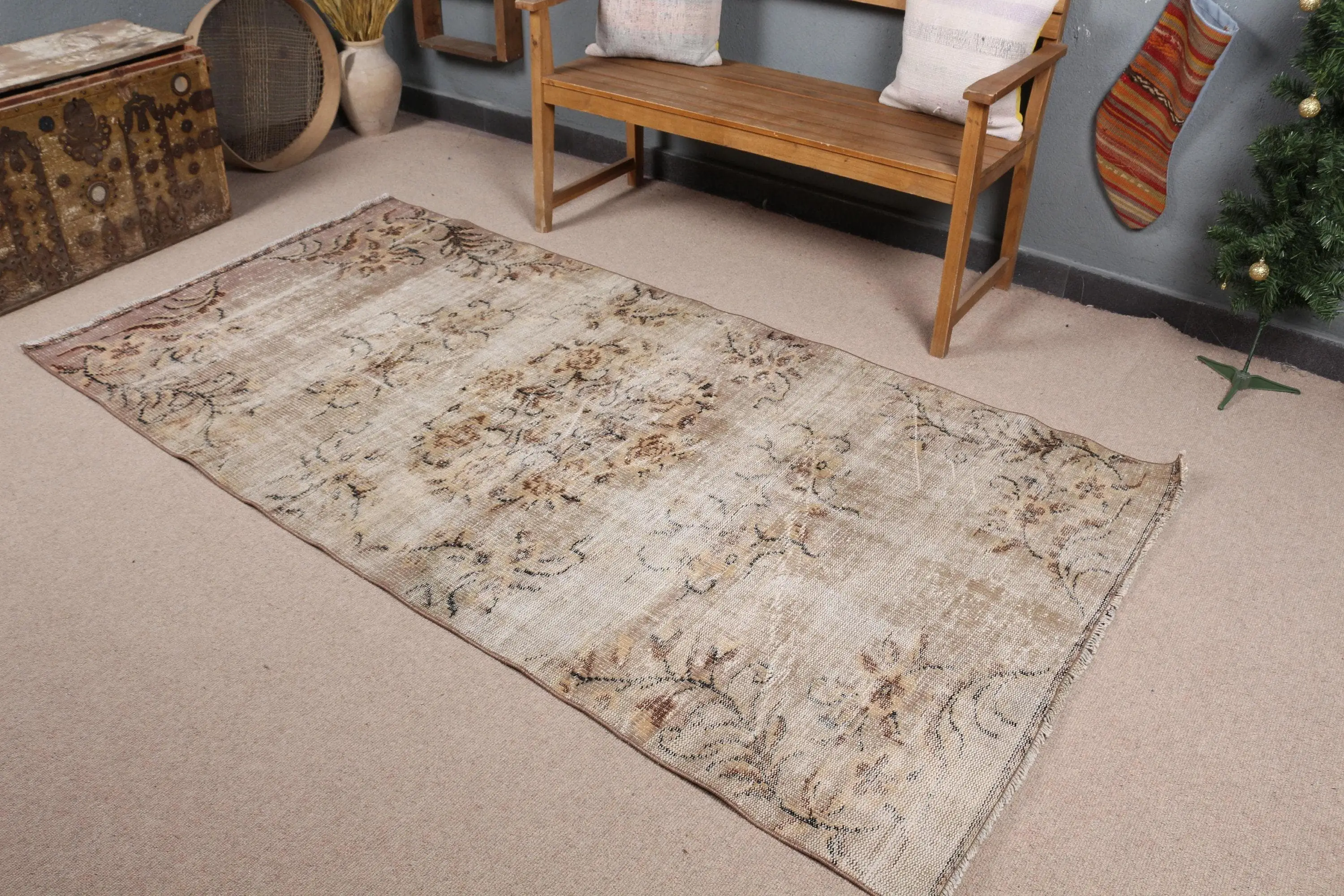 Türk Halısı, 3.9x7.7 ft Vintage Halı, Kahverengi Soyut Yün Halı - 1