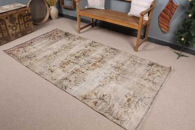 Zarif Bej ve Kahverengi Halı, 3,9x7,7 ft Soyut Tasarım