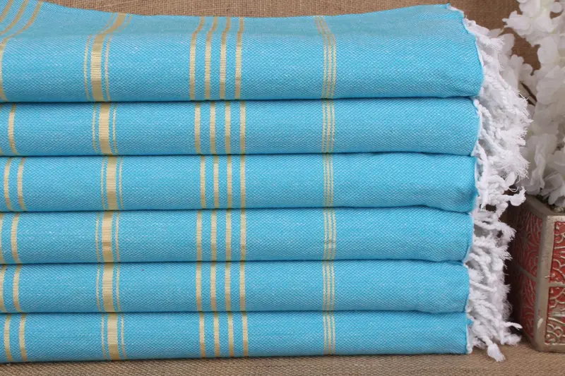 Beach Towel Striped Turquoise-Yellow Organic Cotton, 40x71 Inches