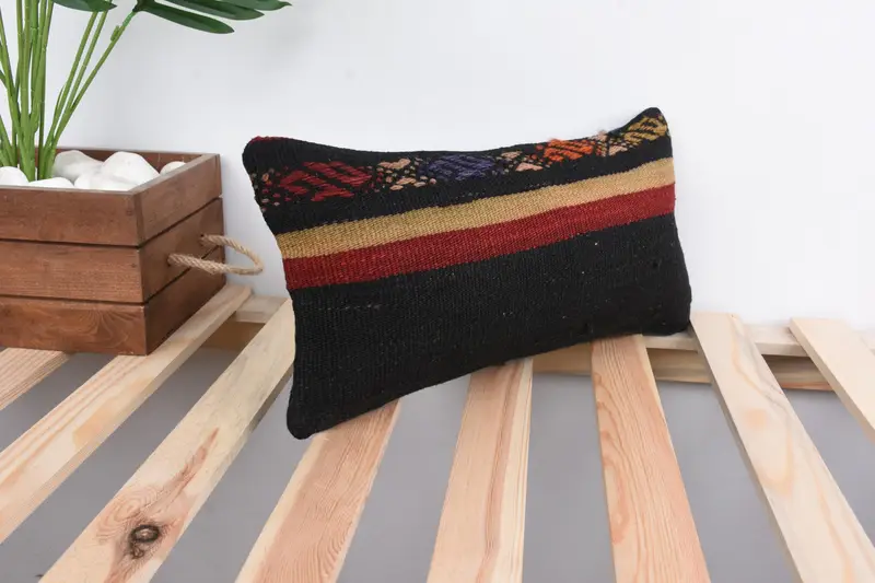 8x16 Black Pillow Sham, Throw Kilim Pillow, Pillow for Sofa, Pillow Case, Vintage Kilim Throw Pillow, Crochet Pattern Cushion - 4