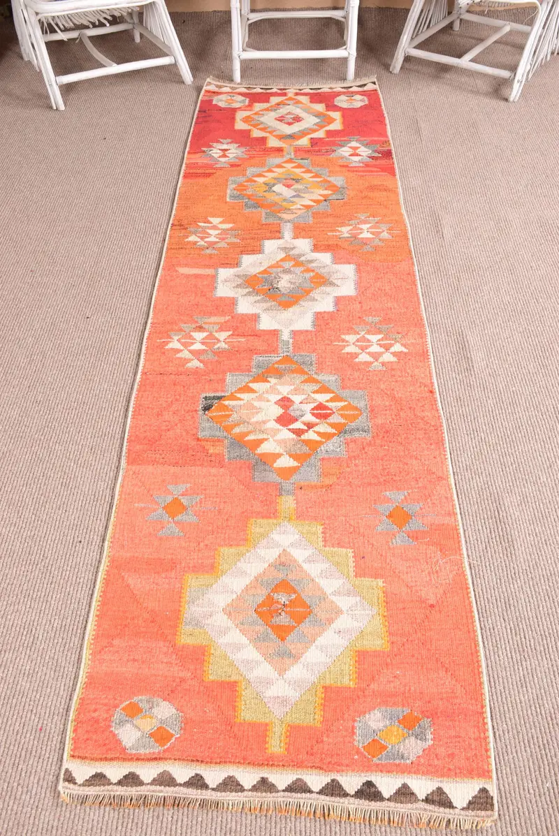 Vintage 2.4x9.2 ft Runner Halı, Türk Halısı, Kilim Turuncu Oryantal Halı - 1