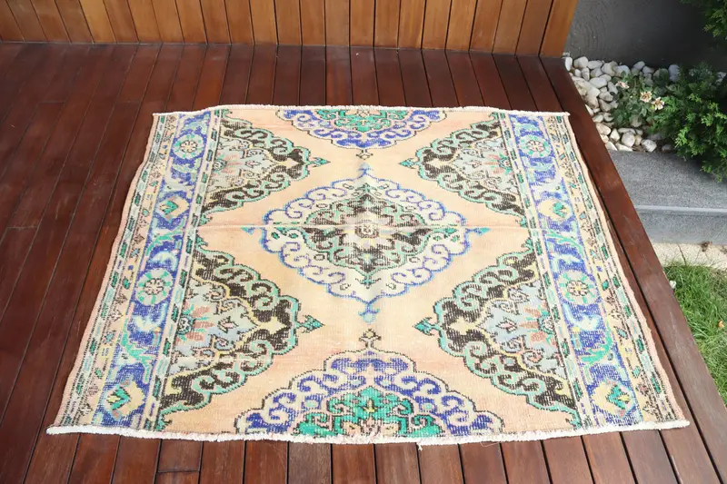 Turkish Vintage Accent Rug 3.7x4.6 ft (114x140 cm), Blue Oushak Rug - 1