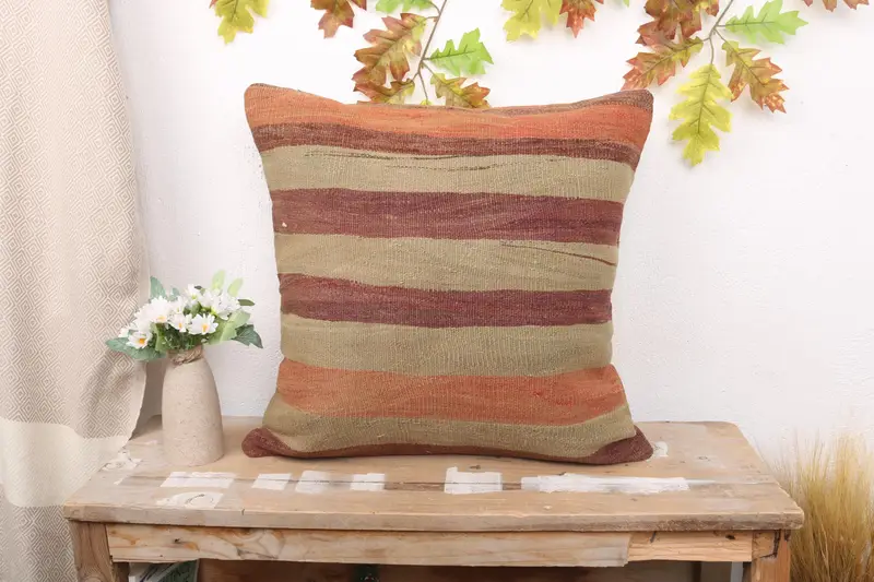 Almohada de tiro a rayas beige y roja, cojín bordado vintage