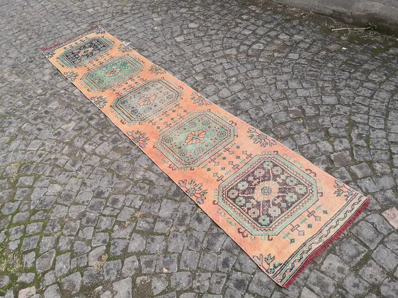 Alfombra Oushak de 2,1x10,1 pies, alfombra turca vintage, alfombra verde naranja - 1