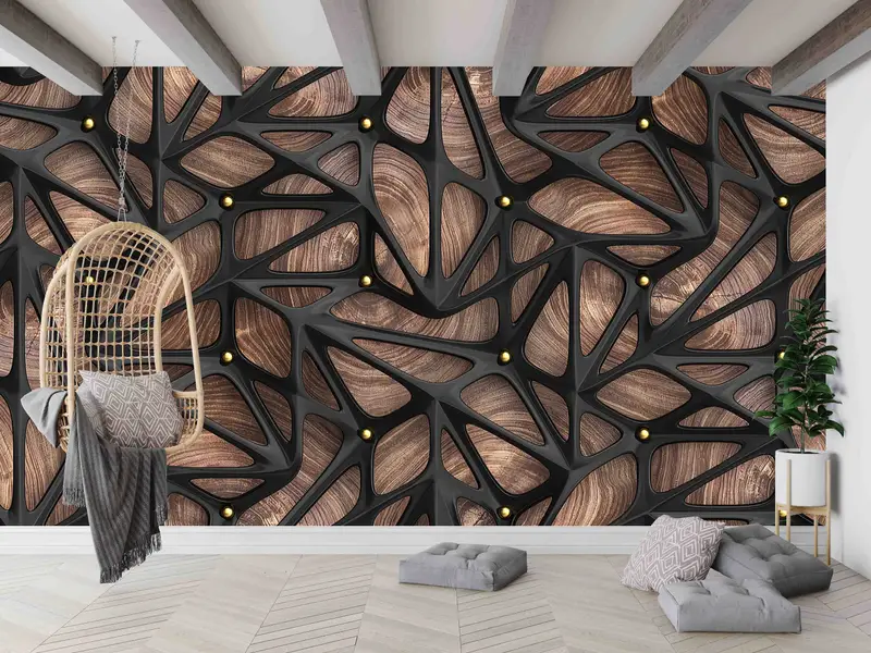 Elegante bedruckte Tapete: abstraktes Holz, geometrisch, braun und schwarz