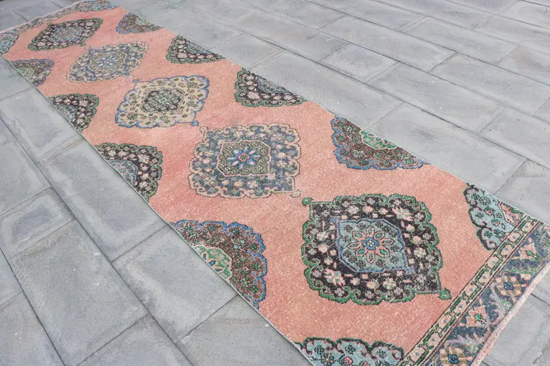 Turkish 3.1x12.4 ft Rug, Oushak Vintage Rug, Red Floral Wool Rug - 1