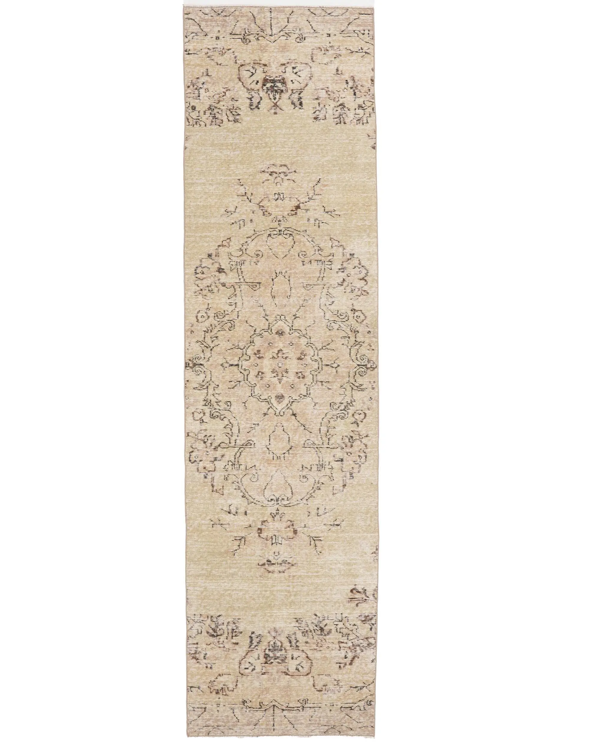 Vintage Turkish Runner Rug 2.5x9.6 ft (76x292 cm), Brown Floral Rug - 1