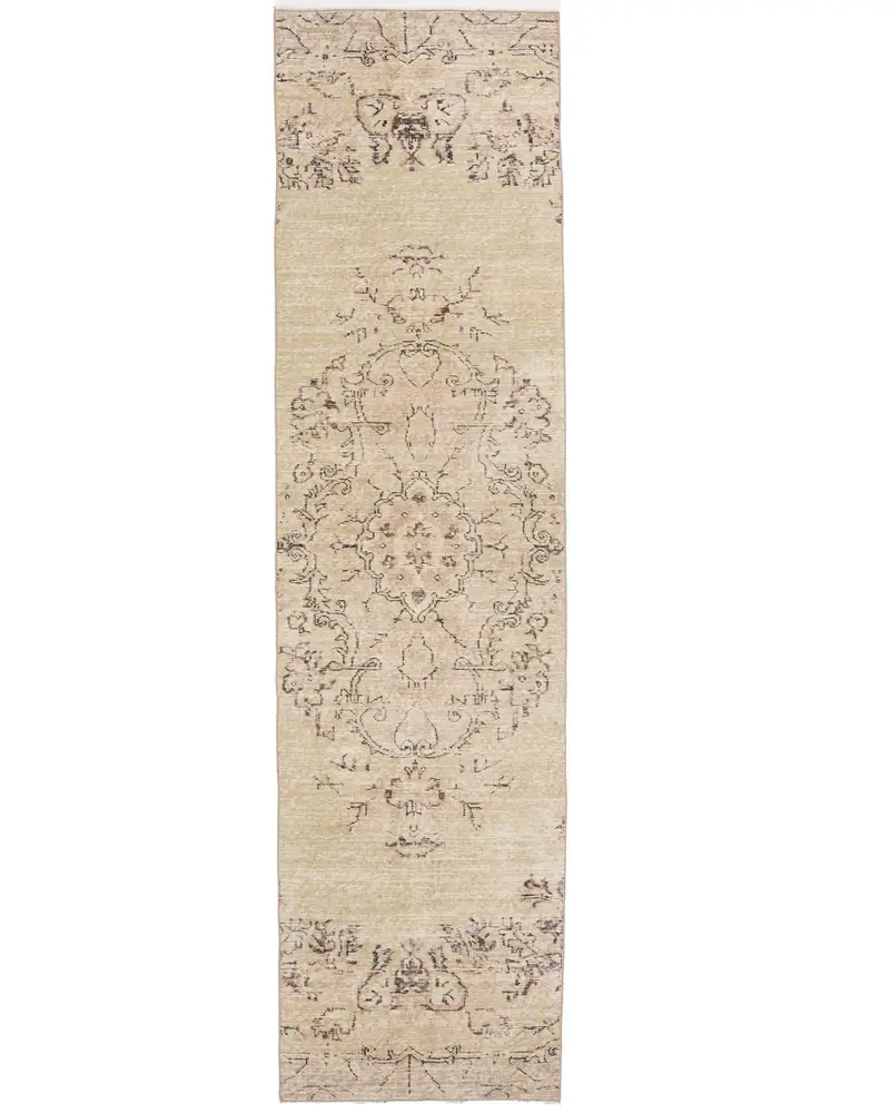 Zarif Bej ve Siyah Halı, 2,5x9,6 ft Çiçek ve Geometrik